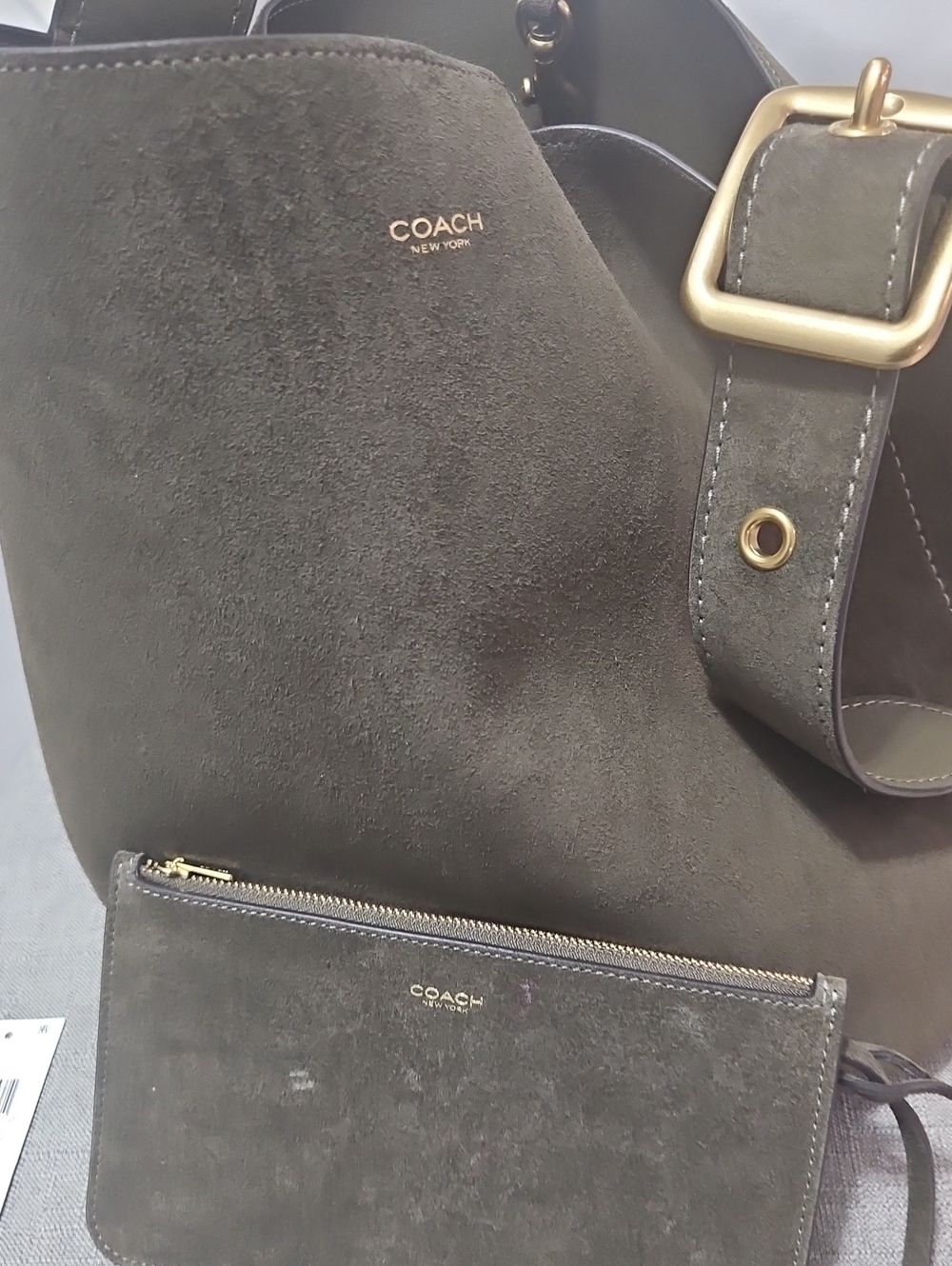 Coach Bleeker Olive Green Suede Shoulder Bucket Bag with Wristlet - Picture 7 of 13